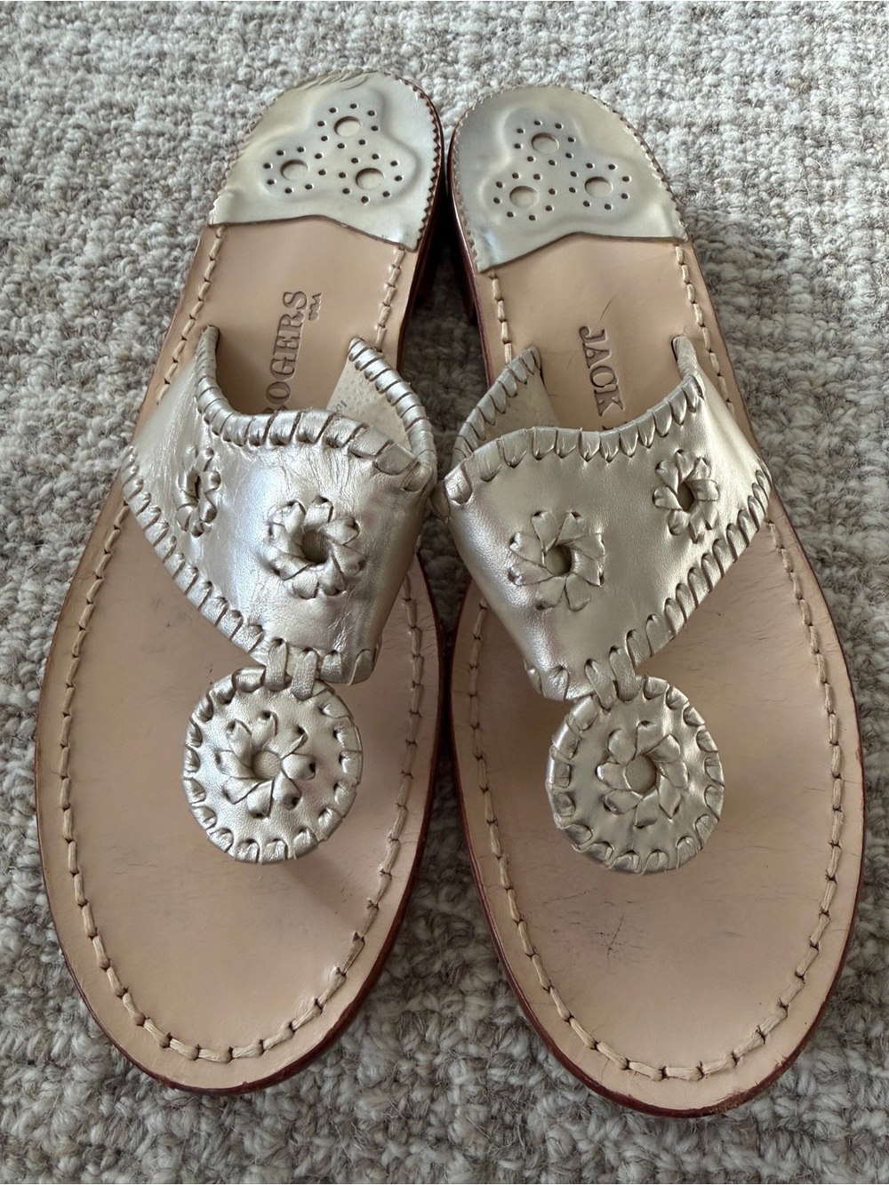 Jack Rogers Metallic Champagne Leather Sandal with Whipstitch Rondelle